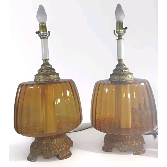 MUST BUY BOTH Vintage Mid Century Hollywood Regency Amber Glass Globe Table Lamp - Picture 13 of 16